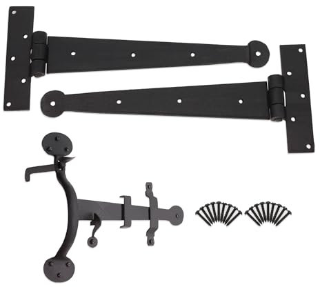 Infinity Decor Traditional Hand Forged Iron 12” / 300mm Penny End Tee Hinges & Suffolk Latch Door Kit in Black Beeswax Finish for Wooden Garden Outdoor Gates