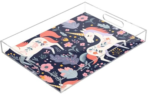 Floral Unicorns Acrylic Serving Trays, Clear Rectangular Tray with Handles Serving Platter for Coffee Table Kitchen Bathroom