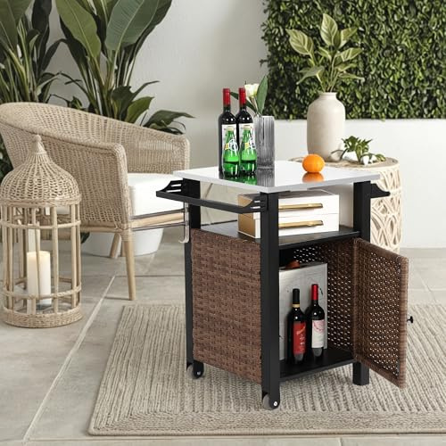 Generisch Outdoor-Küchenwagen aus robustem Stahlgeflecht mit ausziehbarer Edelstahl-Arbeitsplatte, Rollen & vielseitigem Stauraum für Garten, Terrasse oder Barbereich (Braun, 76x57x85 cm)