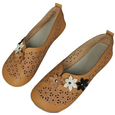 Wide Fitting Summer Ladies Footwear, Closed Toe Flat Shoes For Women Breathable Wide Fit Pumps Lightweight Stylish Casual Shoes Comfortable Fit Leather Moccasins Hollow Out Flat Shoes