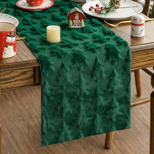 Artoid Mode Weich Plüsch Samt kunstfell Felloptik Grün Kiefern Baum Weihnachten Tischläufer, Winter Küche Tisch Urlaub Party Dekor 33x303 cm