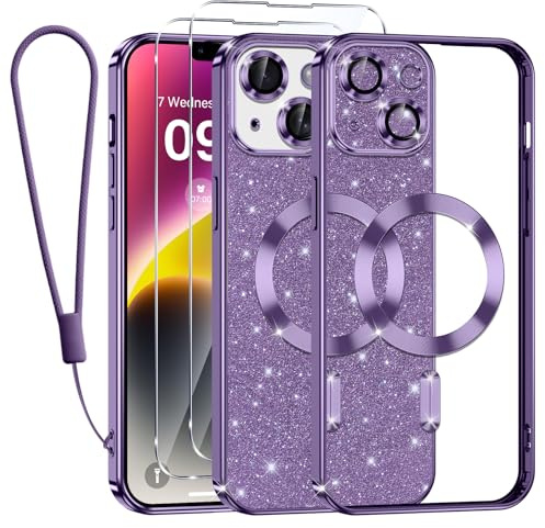 Tikfrlo Glitter Magnetica Cover per iPhone 14 con Cordino, Compatibile con MagSafe, Brillantini Sottile Silicone TPU Antiurto Custodia per iPhone 14 con 2 Vetro Temperato Bumper, Viola