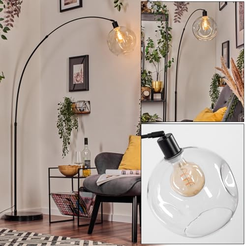 HOFSTEIN Stehleuchte Ripoll, Stehlampe mit Marmorfuß aus Metall/Glas in Schwarz/Klar, verstellbare Leuchte im Retro/Vintage-Design, Schirm Ø 25 cm mit Fußschalter, E27, Wohnzimmer, Schlafzimmer, Büro