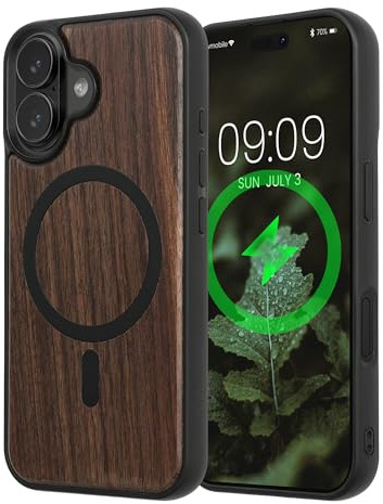 kwmobile Hülle für Apple iPhone 16 Handyhülle - Cover aus Holz und TPU - Kompatibel mit MagSafe - Case in Dunkelbraun Schwarz Holz