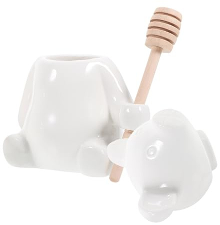 Sosoport Ceramic Honey Jar Bear Shape Honey Pot Wooden Dipper White Porcelain Suitable for Kitchen Storage and Jam Serving
