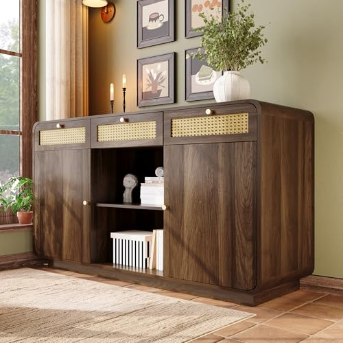 Merax Sideboard in Nussbaum Optik, Modern Kommode mit 2 Tür & 3 Schubladen & Offene Fächer, Buffetschrank mit Verstellbares Ablage, Abgerundete Ecken, Landhausstil, für Schlafzimmer, Wohnzimmer, 120cm
