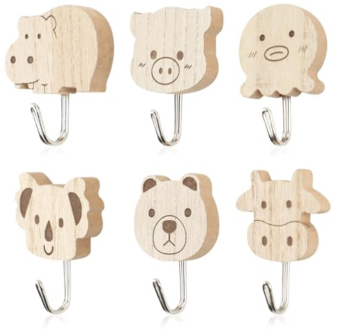 Hwtcjx 6 Stück Kindergarderobe, Kleiderhaken, Garderobenhaken Kinder in Tierform, Selbstklebender Haken, Wandhaken Holz Ohne Bohren, Klebehaken Kinder Haken, Garderoben Kinderzimmer Deco Geschenk