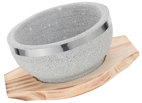 LOLIPPYY Ciotola di Pietra Coreana 14 CM Base in Legno Set per Cibo Coreano Bibimbap Resistente a Fiamme Libere e Mantiene Calore Adatta per Cucina Casalinga e Servire Zuppe