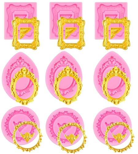 Pofflujent 9 PCS Picture Frame Fondant Silicone Molds Frame Chocolate Silicone Molds Vintage Style Photo Frame Moulds for Cake Decorating Cupcake Topper Chocolate Candy Polymer Clay