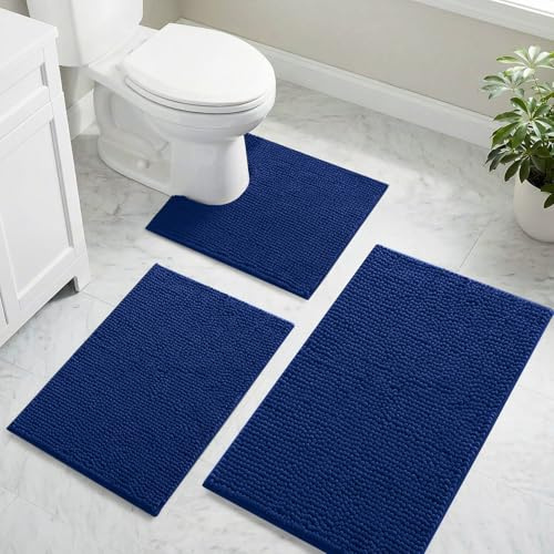 LUSCHEER Chenille Bath Mat Sets 3 Piece Bathroom Rugs, Blue | Non Slip Backing, Luxury Absorbent Fluffy Bath Mats for Bathroom Floor, Machine-Washable Quick Dry Toilet Rug Foot Mat