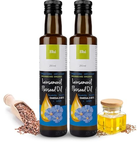 Elixi Bio Leinöl kaltgepresst 2x250ml (500ml) Glasflasche, Bio Leinsamen Omega-3 nativ 59% ALA vegan aus Finnland, Omega 3-6-9 Fettsäuren naturrein Leinsamenöl ohne Zusatzstoffe