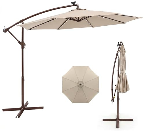COSTWAY Ombrellone da Giardino 300 cm, 40 Luci LED Solari, Anti-UV, Inclinazione Regolabile, Manovella, 8 Stecche per Esterno Piscina Patio (Beige)