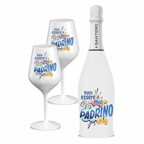 BRANDGIFT.IT Bottiglia Personalizzata Battesimo Santero 958 Kit Regalo Bottiglia Spumante 750ml 2 Calici Personalizzati e Box in Cartone Idea Regalo Battesimo (PADRINO, 750 ML)