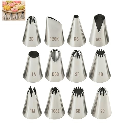 12-teiliges Profi-Spritztüllen-Set aus Edelstahl, mittelgroße und große Düsen, wiederverwendbar, ideal für Kuchen, Torten und Kekse, inklusive Stern- und Rundtüllen, perfekt für Backliebhaber
