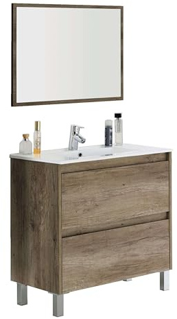 Abitti Mueble de Baño Zenda Estilo Natural en Color Roble Nordik con Espejo y 2 Cajones 80x80x45 cm (Lavabo Cerámico)