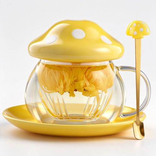 Ensemble de tasses à thé en forme de champignon, mignonnes tasses à thé en verre et soucoupes, tasse à thé kawaii avec infuseur pour infuser le thé en feuilles, tasses à café cadeaux de Noël pour