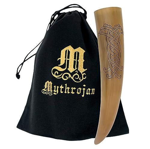 Mythrojan Cuerno tallado Viking Ravan auténtico vino vikingo/aguamiel, 400 ml, acabado pulido