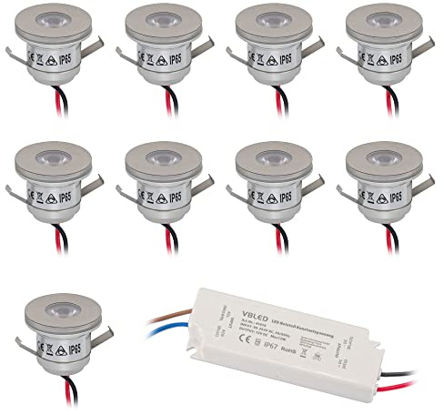 VBLED® 9er Set 1W Mini-Einbauspot leuchtet vorne & seitlich 3000K LED-Mini Kleine Deckenleuchte Einbaustrahler Einbauleuchte Deckenleuchte Einbauleuchte Einbaustrahler Inkl. LED Trafo 12V DC