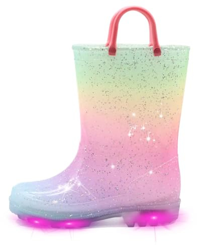 EUXTERPA Stivaletti per Bambini con Luci Lampeggianti, Stivaletti di Gomma Impermeabili con Glitter e Maniglia Facile da Indossare, Stivaletti da Pioggia per Bambini Taglia 4-13 UK, 24 EU