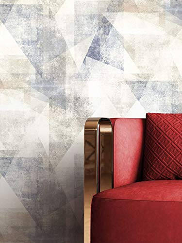 Newroom Vliestapete Blau Dreiecke Grafisch Tapete Wohnzimmer | Geometrisches Dreiecksmuster, verwaschene Textilstruktur im Used-Look, Mustertapete Wandtapete für Schlafzimmer Flur