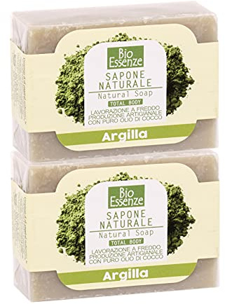 Bio Essenze Sapone all'Argilla, Ideale per Acne o per Pulizia Delicata di Pelli Miste e Grasse - Adatto per Tutto il Corpo e per i Capelli - 2x100gr