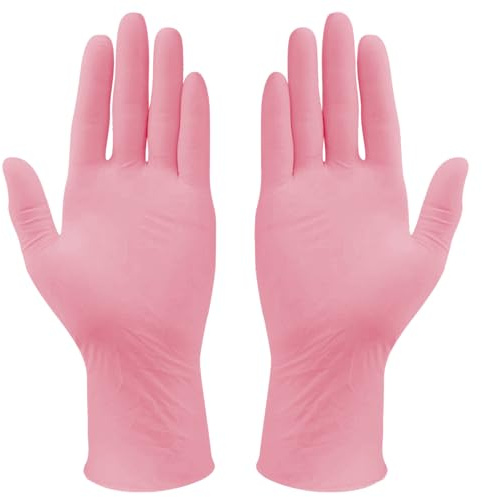 MONOUSALO Gants Nitrile Jetables Taille S couleur Rose Sans Poudre, Latex et Talc (Boite de 100) Gloves Plastique Chirurgicaux pour Cuisine, Mecanicien, Tatouage, usage Alimentaire, Coiffeur, Voiture