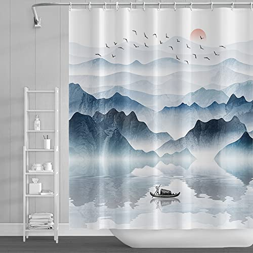 SDOTPMT 180x198cm Berg Landschaft Duschvorhang See Hölzern Boot Rote Sonne Wild Gans Natur Landschaft Nebelig Modern Ölgemälde für Junge Mädchen Moderne Badevorhang für Badezimmer-Dekor mit Haken