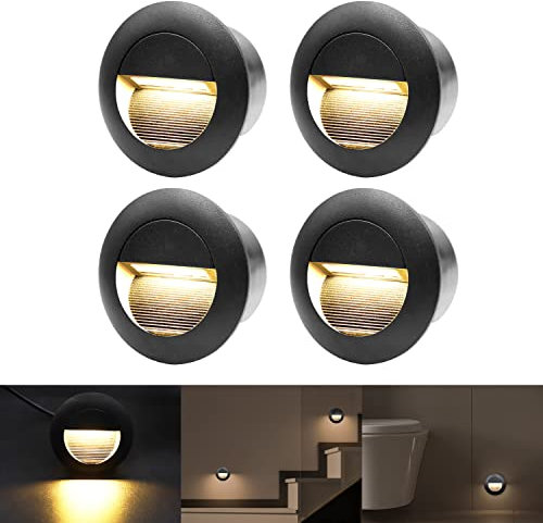FWoche 3W Wall Recessed Lamp Stair Lights Warm White, Round Staircase Light, LED Step Night, Aluminium Waterproof Wall Lighting Indoor/Outdoor, Garden Lighting Deck Balcony Black, 4pcs