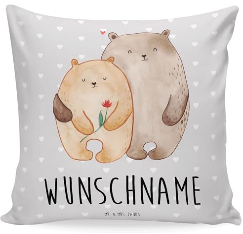Mr. & Mrs. Panda Personalisiertes Kissen Bären Liebe - Personalisierte Geschenke, mit Namen, Geburtskissen personalisiert, Hochzeitstag, Blume, Verknallt, Kuscheln, Freundin, Kuschelkissen, Bär