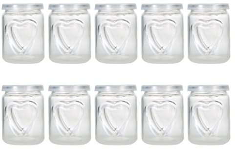 Cusstally 10pcs pots de pouding en verre coeur bonbons contenants de yaourt tasse de gelée avec couvercle porte-bougie chauffe-plat for yaourt dessert faveurs 100ML Fournitures de cuisine