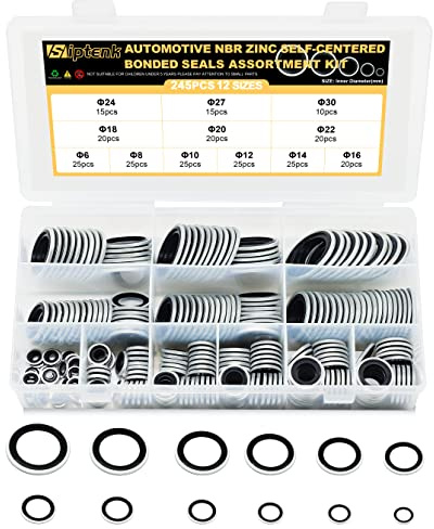 Siptenk 245 PCS Automotive Self-Centered Bonded Sealing Gasket Assortment Zinc-Plated Metal NBR Dowty Sealing Washers O Ring Kit Set 12 Sizes M6 M8 M10 M12 M14 M16 M18 M20 M22 M24 M27 M30