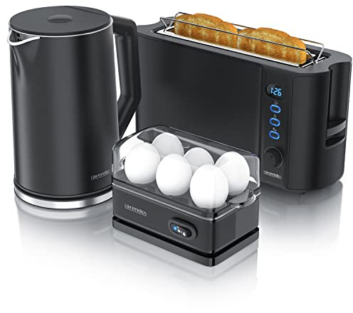 Arendo - Wasserkocher mit Toaster SET und Eierkocher, Edelstahl Schwarz Wasserkocher 1,5L 40° - 100°C, Toaster 2 Scheiben LED-Display 6 Bräunungsgrade Eierkocher 1-6 Eier Messbecher BPA frei