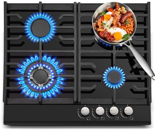 TopStrong Gas Hob 4 burners, 60cm Black Glass Gas Hob, Built in Cooktop with Cast Iron Supports, NG/LPG Convertible, Flame Out Protection,
