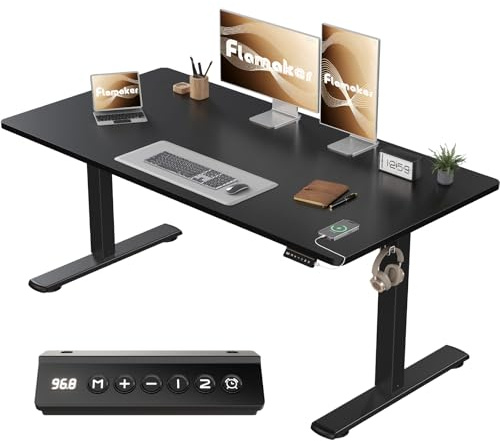 Flamaker Höhenverstellbarer Schreibtisch Ganze Tischplatte 140 x 60 cm, Schreibtisch Höhenverstellbar Elektrisch mit Memory Steuerung, Gaming Tisch mit Sitzende Erinnerung und USB-Aufladung (Schwarz)