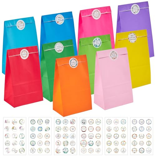 KASZOO 40 Stück Papiertüten, Bunte Geschenktüten Candy Tüten mit 90 Aufkleber (Auf Deutsch) zum Verpacken von Geschenken, Giveaways, Kindergeburtstag, Hochzeit, Party, usw