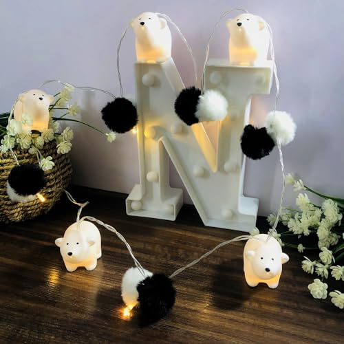 Riaxuebiy Pom-Pom-Eisbär-Lichterkette,Batteriebetriebene Lichterkette mit Weiß Eisbär und Pompons Beleuchtungsdekoration für Weihnachtsfeiertage Kinderzimmer Hochzeit (3m/20led)