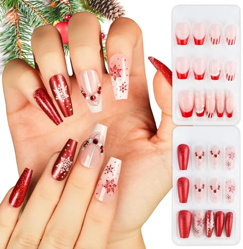 BOFUNX 48 Stücke Weihnachten Künstliche Nägel Schneeflocke Falsche Nägel Ballerina Kunstnägel zum Aufkleben Nail Tips Fake Nails DIY Nagelspitzen