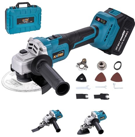 KATSU FIT-BAT 21V Brushless Cordless Angle Grinder 115mm 125mm with 3.0 Ah Battery and Charger & Oscillating Multi Tool Adapter Attachment Kits for Grinding Cutting Polishing 102617B