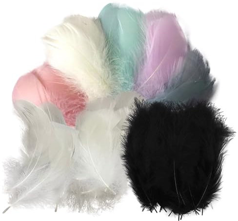 KASESSS 200 Stück Federn zum Basteln, Weich Feder Deko, Flauschig Schwarze Federn, Federn Weiss 6-15CM, Natürliche Bastelfedern Bunt für DIY Basteln Dekoration, Hochzeit, Traumfänger, Kopfschmucks
