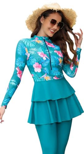 obaSeteck Muslim Swimsuits for Women Floral Modesty Swimwear Islamic Hijab Burkini Beachwear Tankini Swimming Suit (XXL, Z1)
