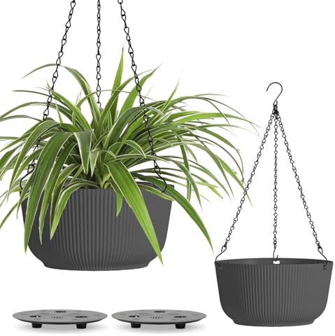 T4U Pots de Fleurs Suspendus 30 cm (12 Pouces), Pots de Fleurs d’Intérieur pour Plantes, Pot Suspendu Gris avec Drainage, Design Strié, pour Amateurs de Plantes, Balcon et Maison, Lot de 2