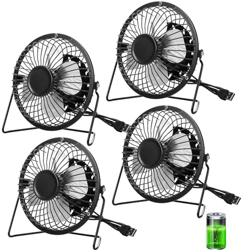 Glooglitter 4 Pcs 4 USB Small Fan Powerful Quiet 360° Adjustable Rotation Personal Metal Mini Desk Fan Summer Electric Ideal for Home Office Bedroom Desk Airflow Cooling,USB Powered Only(Black)