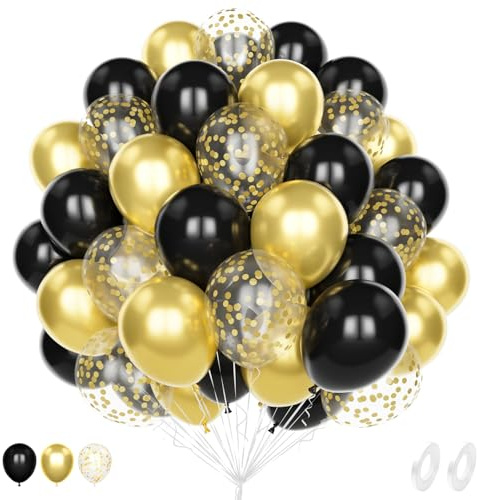 Luftballons Schwarz Gold, 60 Stück 12 Zoll Matt Schwarze Metallic Gold Latex Konfetti Ballons für Frauen Männer Geburtstag Babyparty Brautdusche Jahrestag Verlobung Hochzeit Abschluss Party Deko