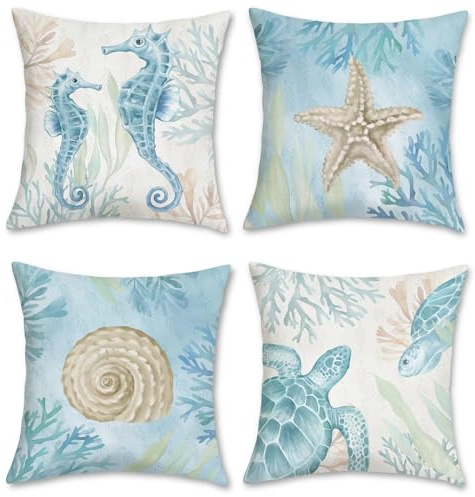 Bonhause Fundas de Cojín Océano Playa 40 x 40 cm Funda de Almohada Caballito de Mar Tortuga Estrella de Mar Costero Exterior Terciopelo Suave Cojines Decorativos para Sofá Cama Hogar Juego de 4