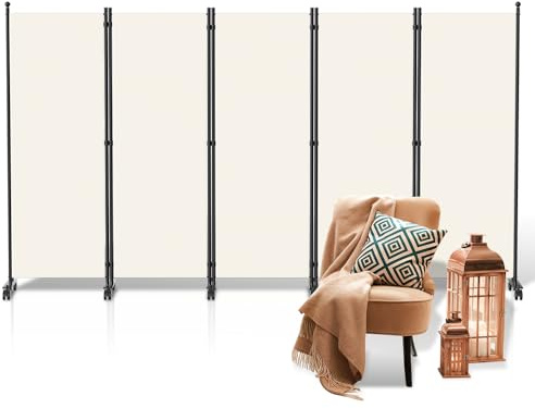 Fiqops Paravent Raumteiler auf Rollen 5 Teilig 284x181 cm, Wetterfest und Trennwand für Outdoor, Büros, Balkon - Beige