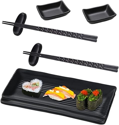 Plato de sushi con cuencos para salsa, platos de sushi con palillos, platos de sushi japoneses, 2 pares de palillos + 2 soportes para palillos + 2 platos + 2 platos para salsa, negro
