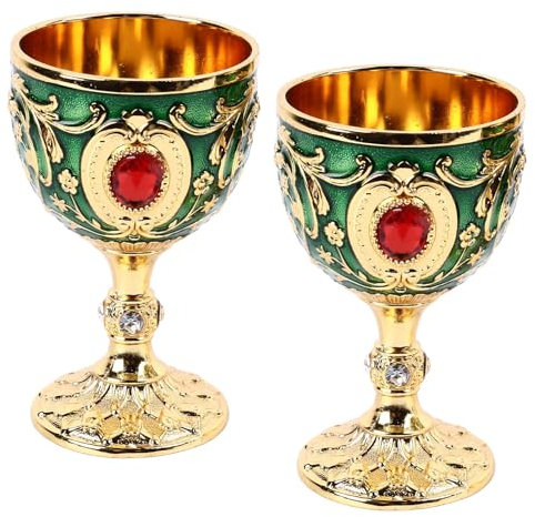 Jwthee Gobelet à calice vintage, 2 pièces, gobelet médiéval vintage, gobelets rétro, calices royaux, tasse à vin, gobelets à vin vintages, tasses à vin en métal, Verre à calice vintages (Green)