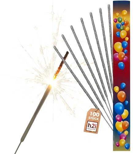 h2i Wunderkerzen | 100 Stück | 18 cm | Brenndauer ca. 35 Sek | Geburtstagskerzen Sprühkerze Spritzkerze Sternenspritzer und Funkenzauber für Party Hochzeit Silvester Geburtstag | d | Kat F1