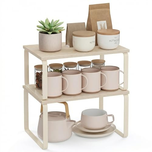 SONGMICS Gewürzregal, 2er Set Küchen-Organizer, erweiterbar, stapelbar | Küchenregal, kleines Regal, Stahl und Holzspanplatte, Travertinbeige und Cremeweiss, BYSTRO Kollektion KCS020L01