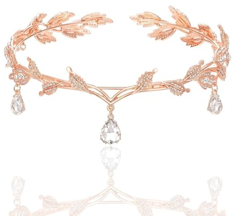 VIDSTW Elfen Kopfschmuck Elfen Krone mit Strasssteine Tiara Damen Rom mit Blattförmiges Design Kopfschmuck Elfe Prinzessin Griechenland Krone Damen Glänzend für Hochzeit Party Geburtstag (Roségold)